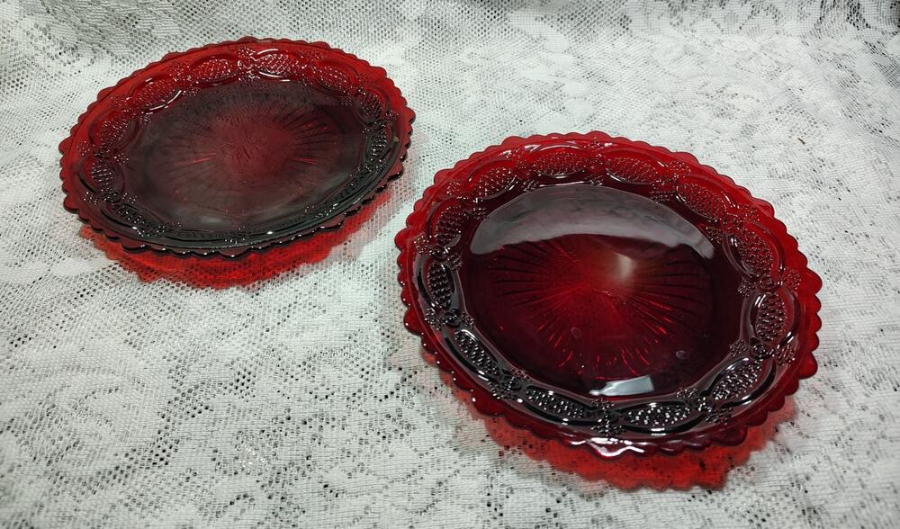 Avon 1876 Cape Cod Ruby Red Glass 7 1/4" Dessert Salad Plates Vintage Set of 2